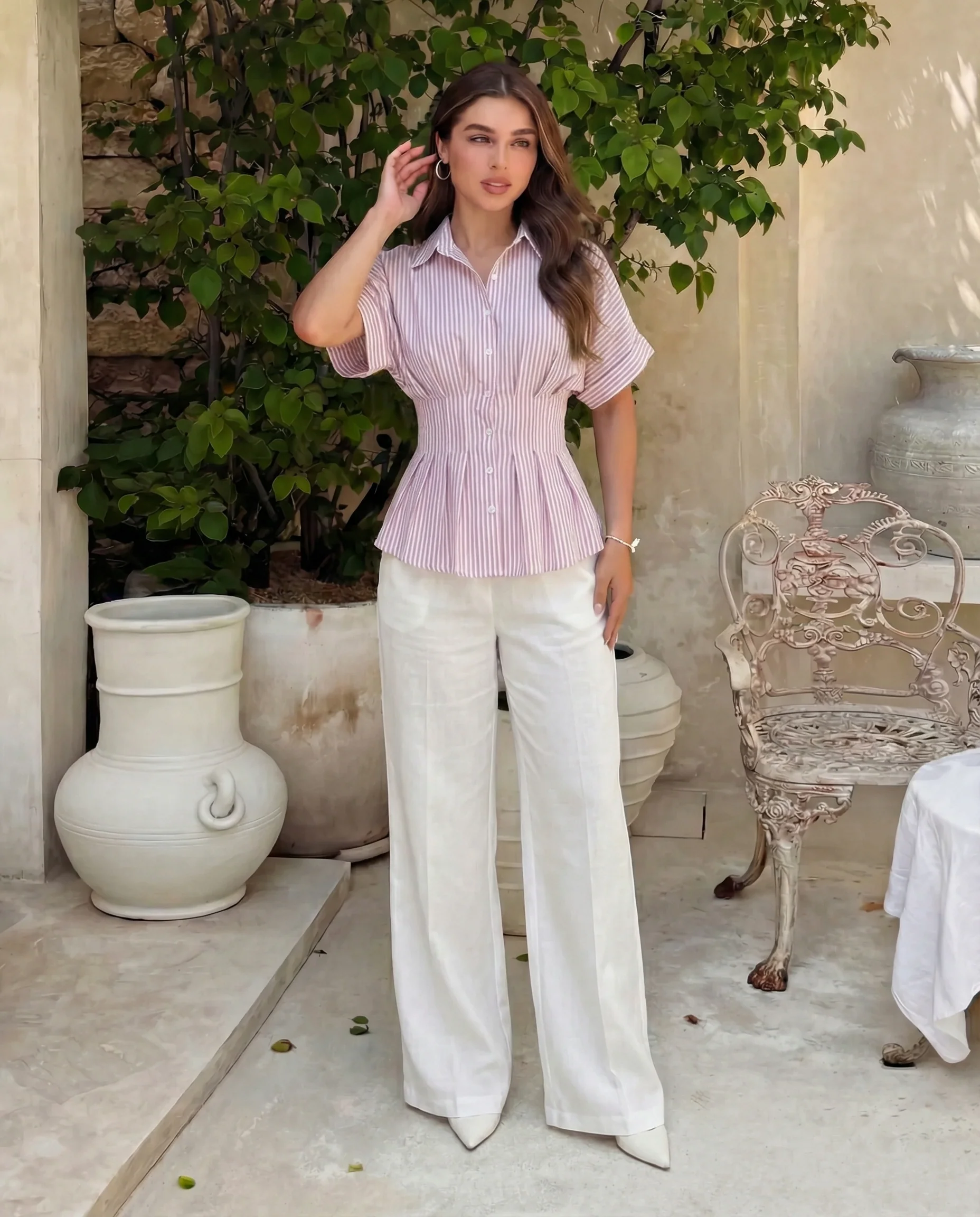 Pleated Cinched Waist Striped Top in Dusty Pink - Image 3