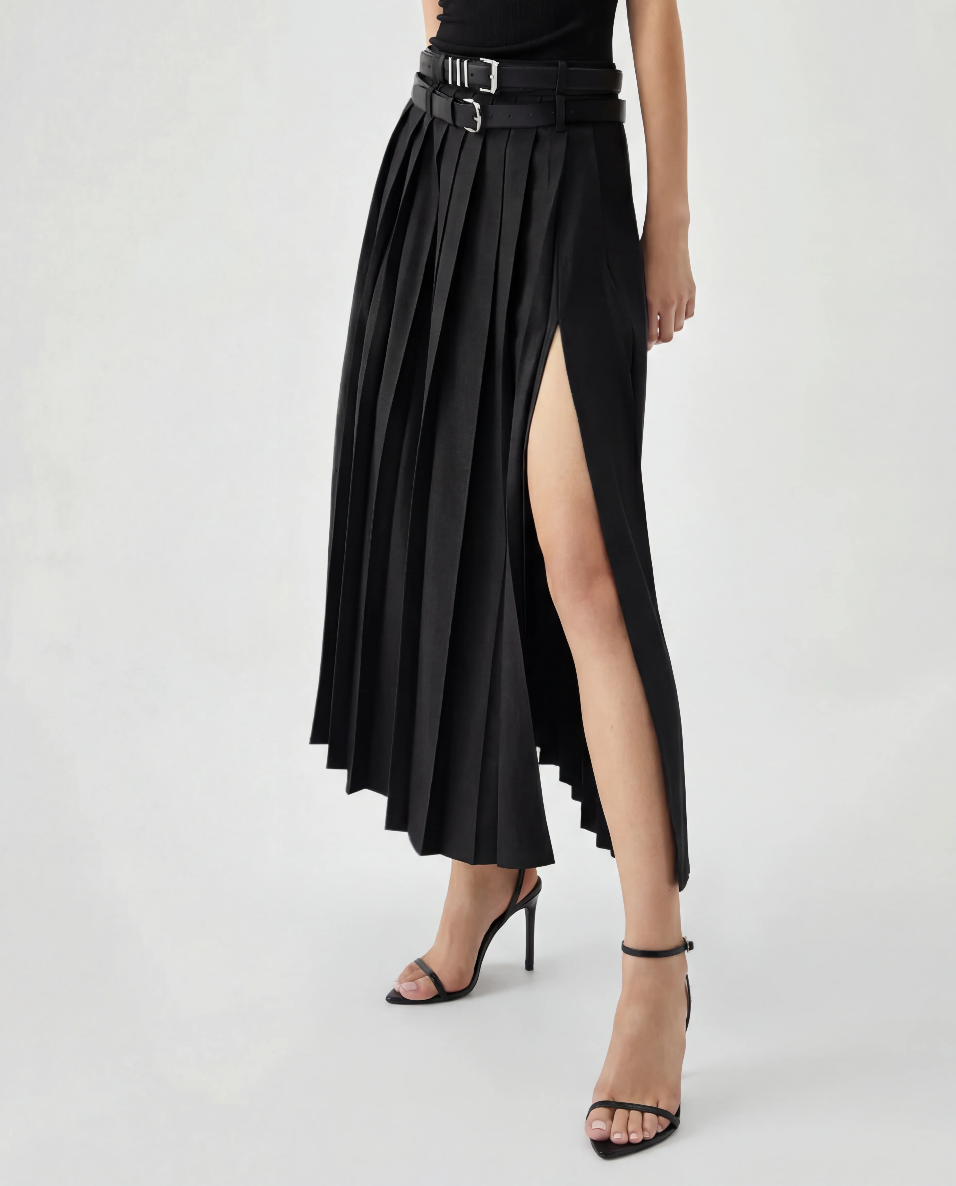 Black Pleated Split Skirt With Two Detachable Belts