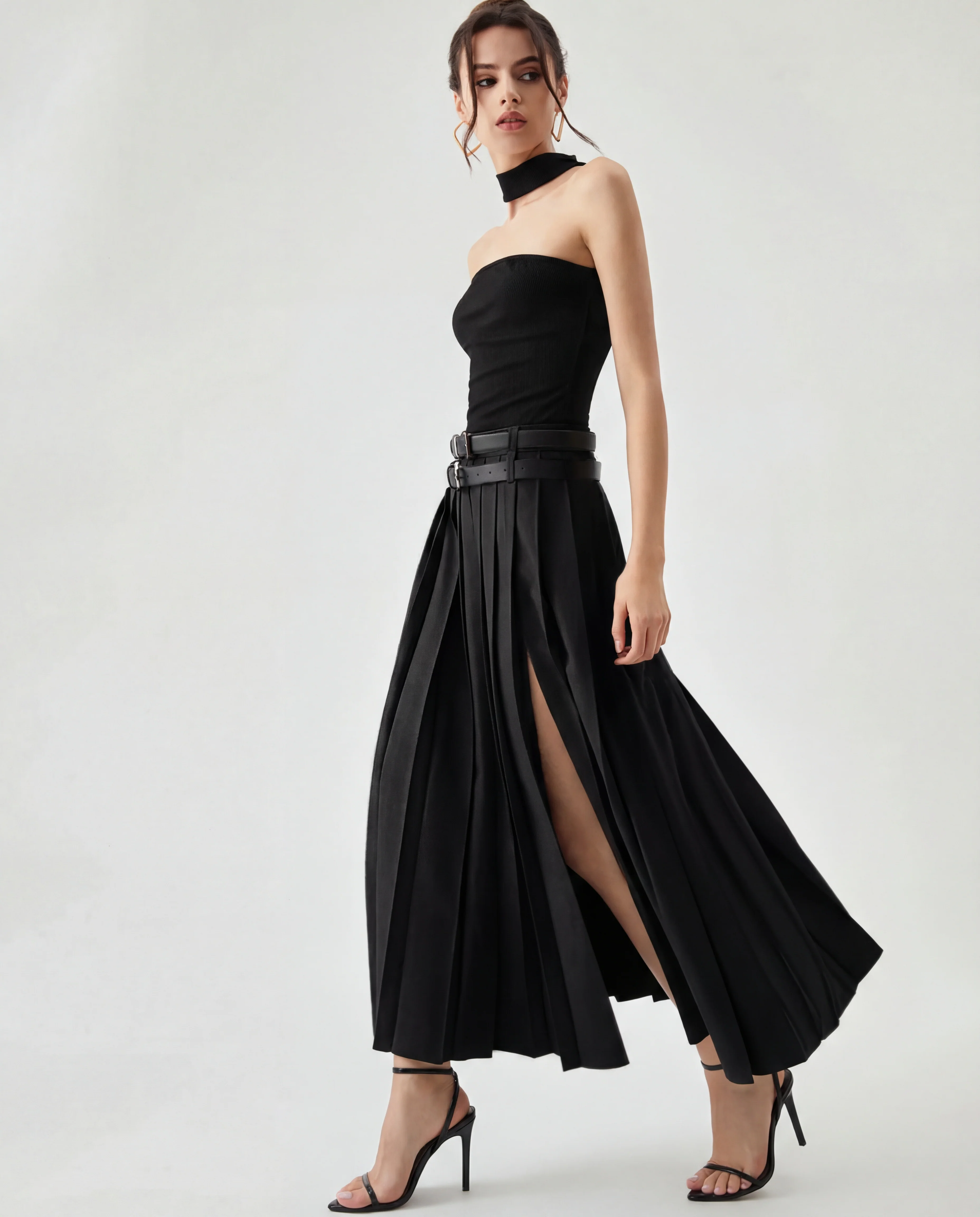 Black Pleated Split Skirt With Two Detachable Belts - Image 3