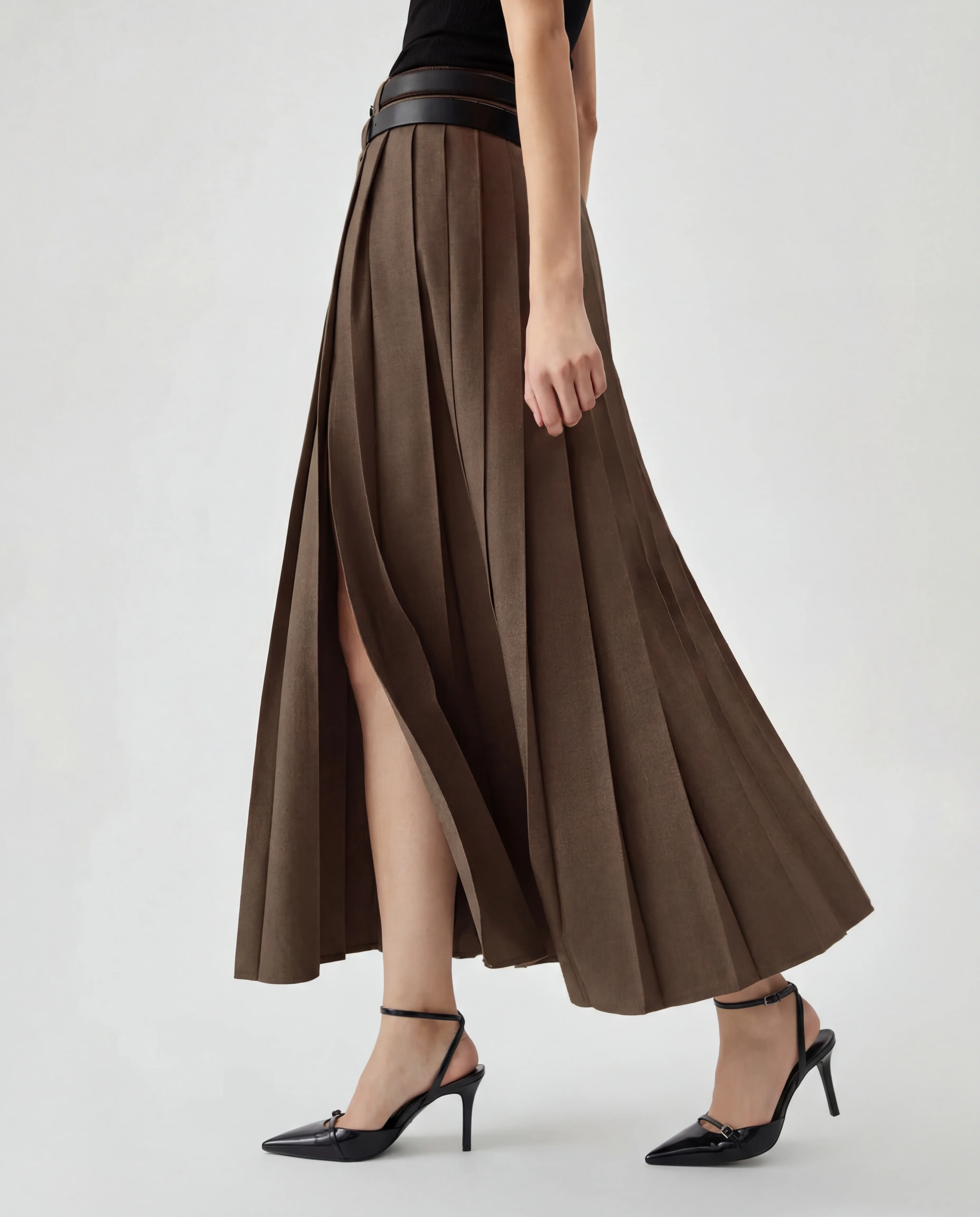 Brown Pleated Split Skirt With Two Detachable Belts - Image 2