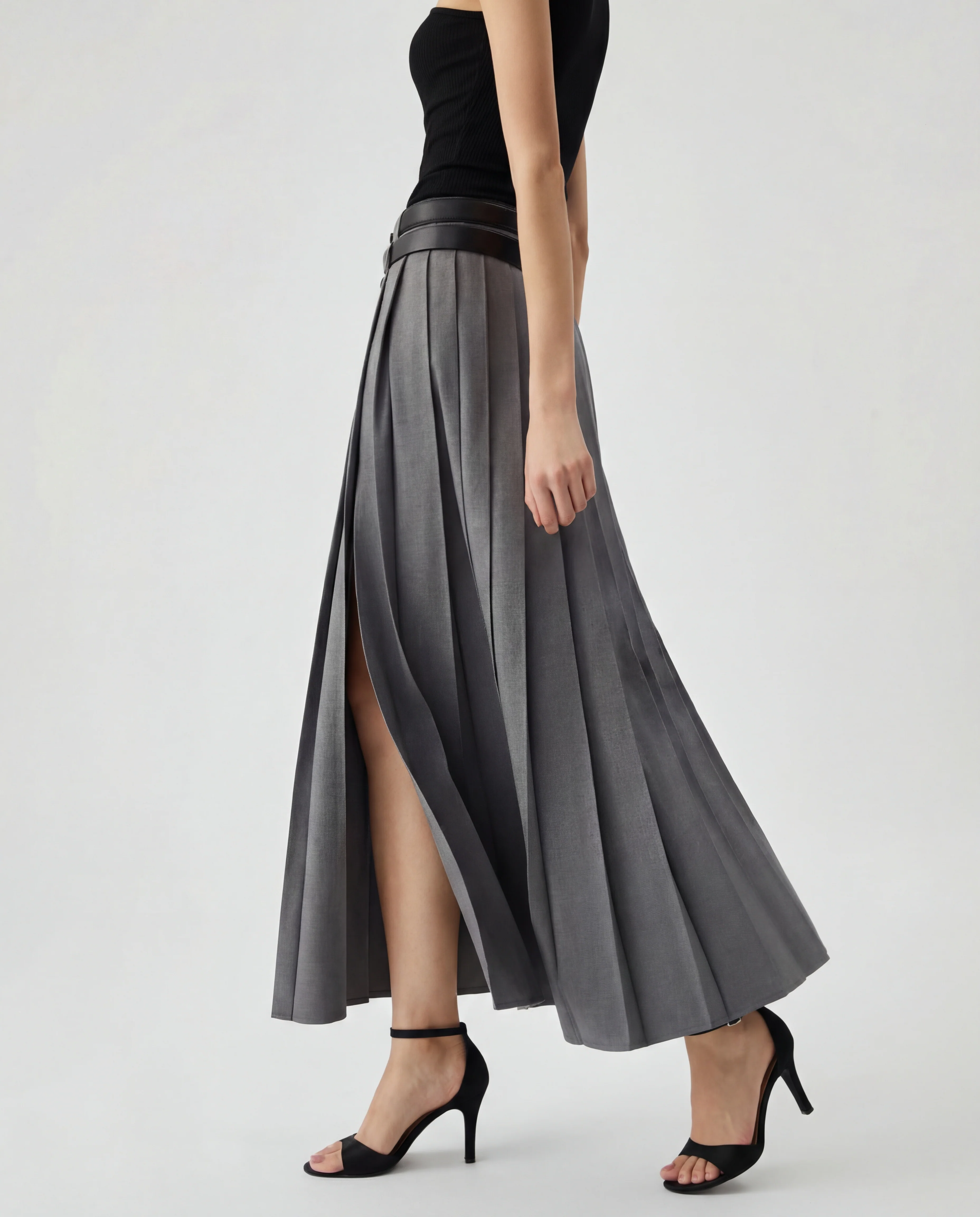 Grey Pleated Split Skirt With Two Detachable Belts - Image 2