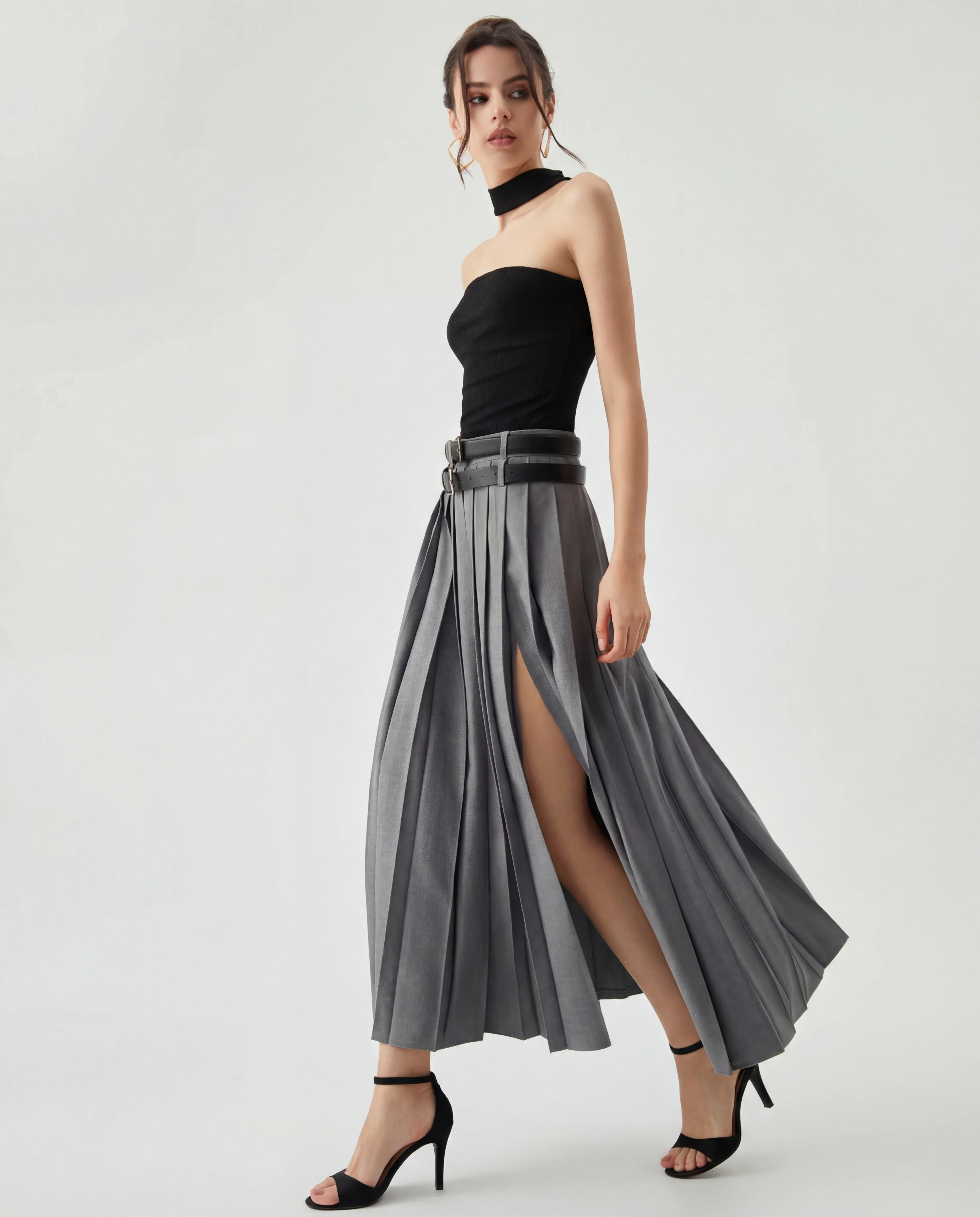 Grey Pleated Split Skirt With Two Detachable Belts - Image 4
