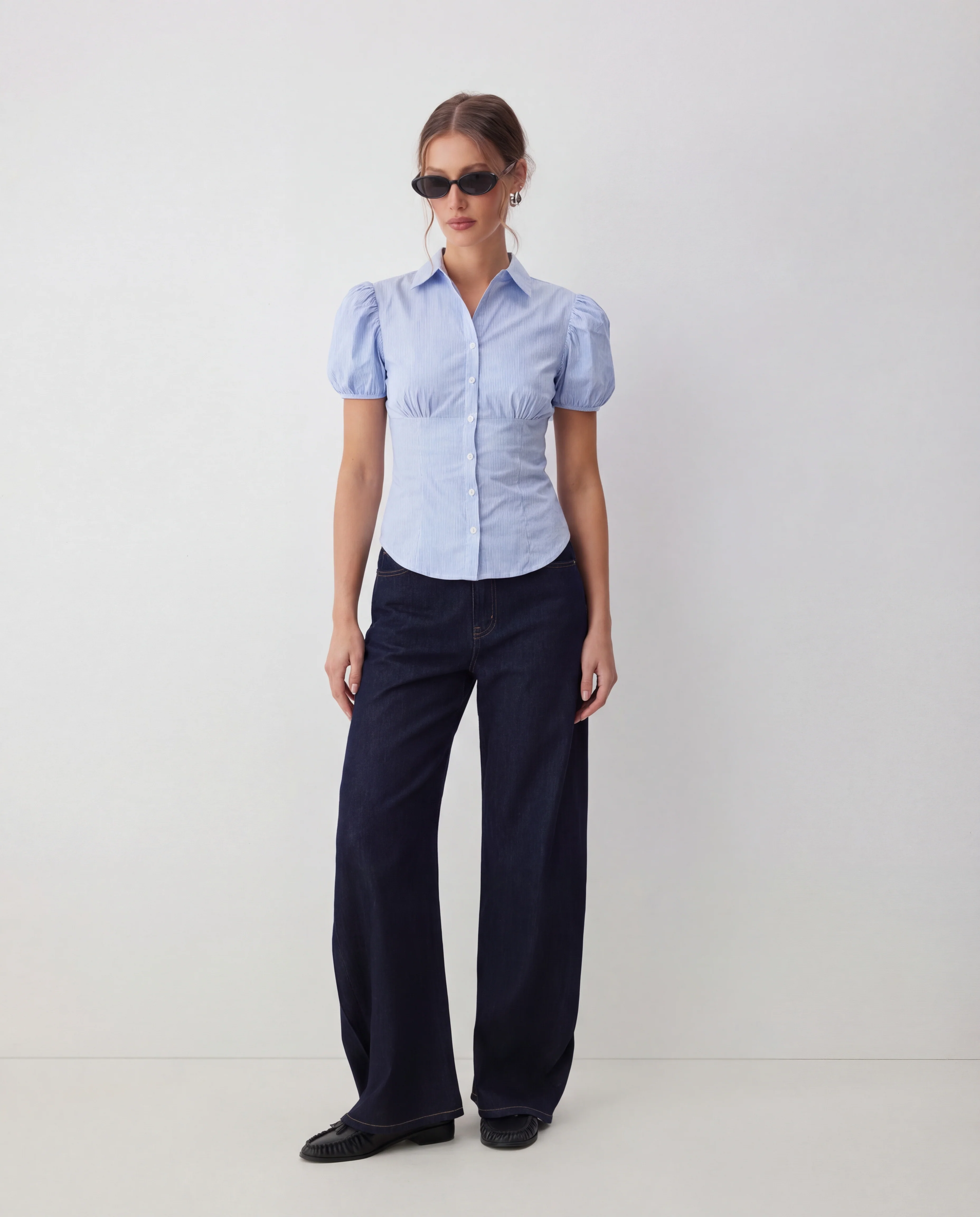 Blue Striped Puff Sleeve Fitted Shirt - Image 3