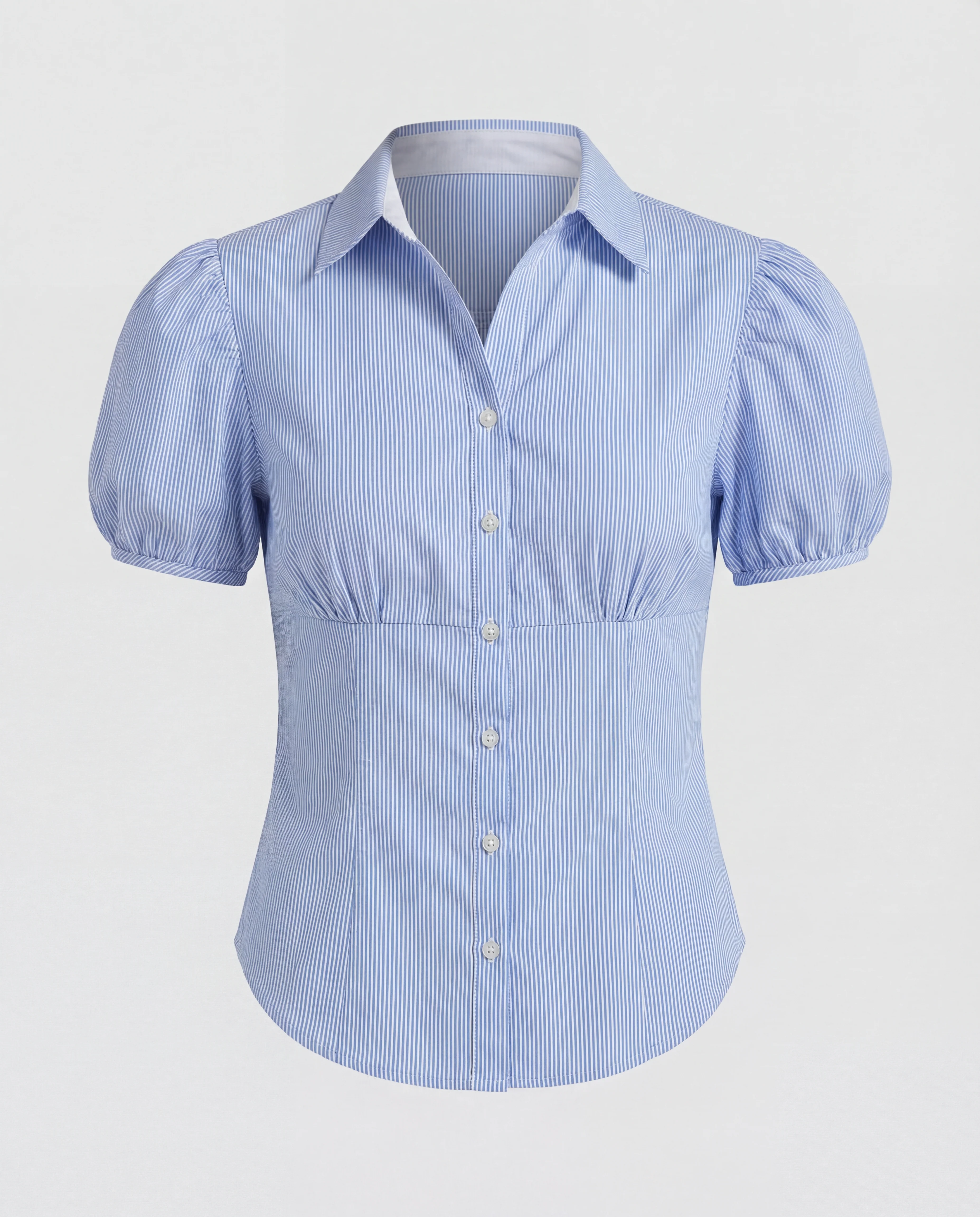 Blue Striped Puff Sleeve Fitted Shirt - Image 7