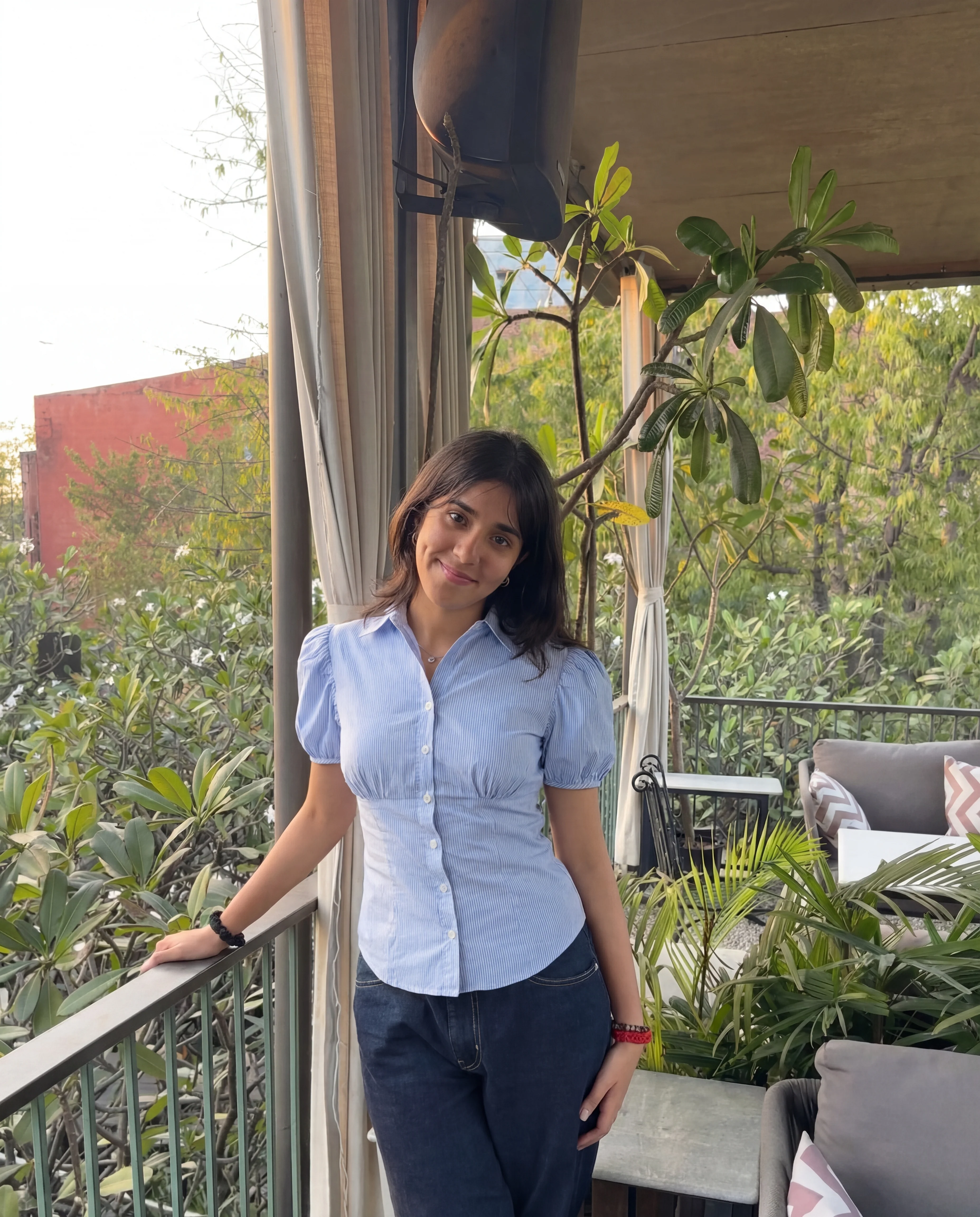 Blue Striped Puff Sleeve Fitted Shirt - Image 8