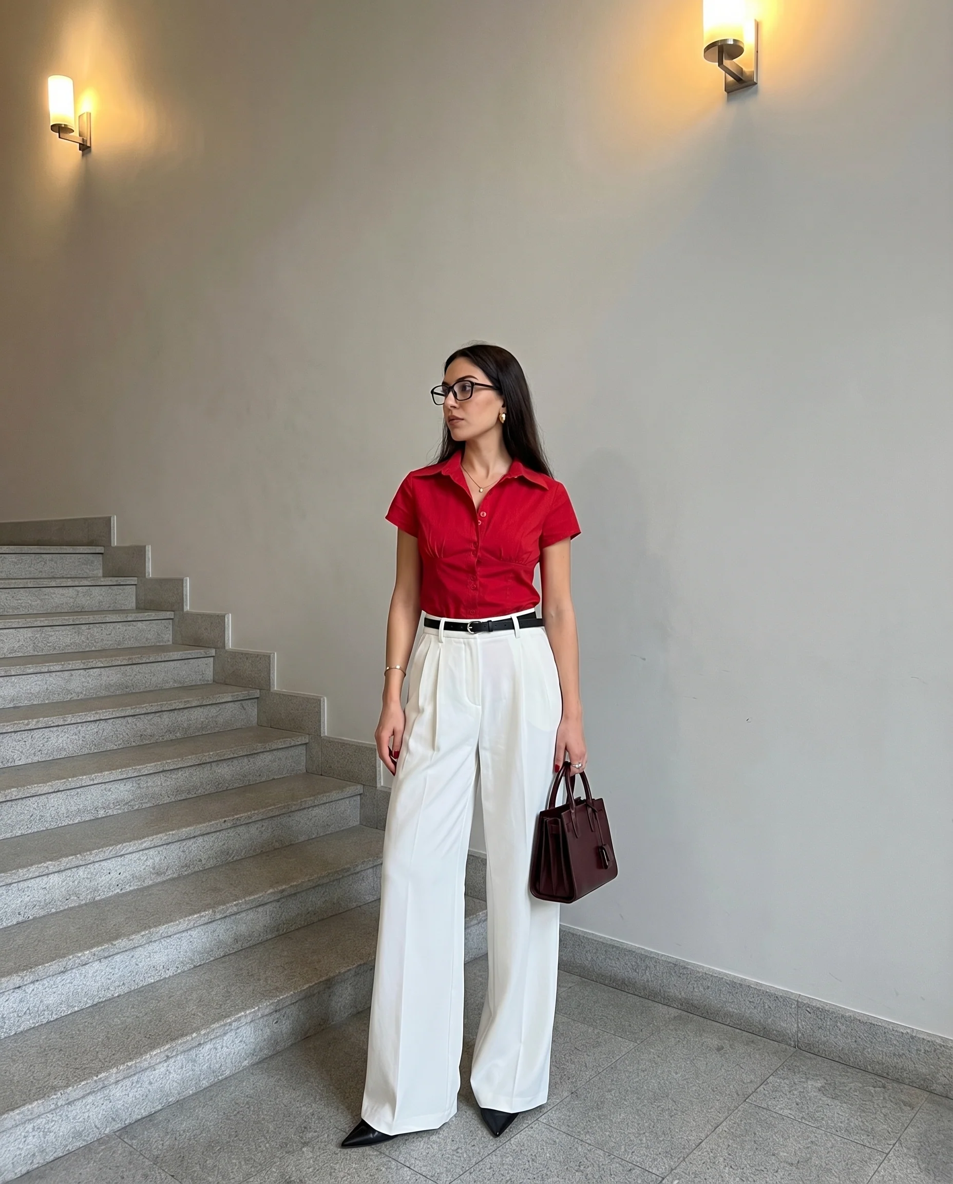 Red waist fitted shirt with white pants with Belt - Image 3