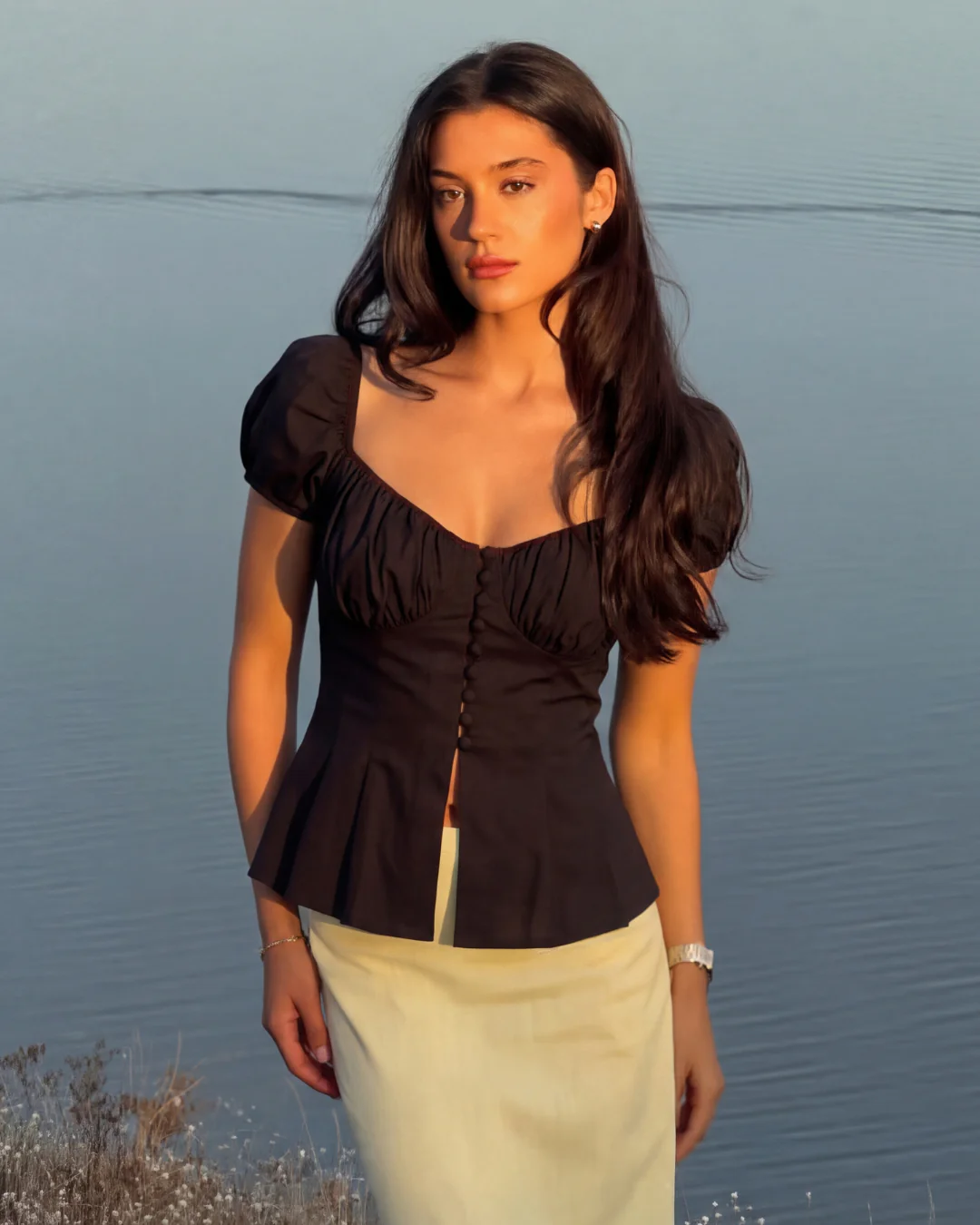 Black Button Up Ruched Peplum Top
