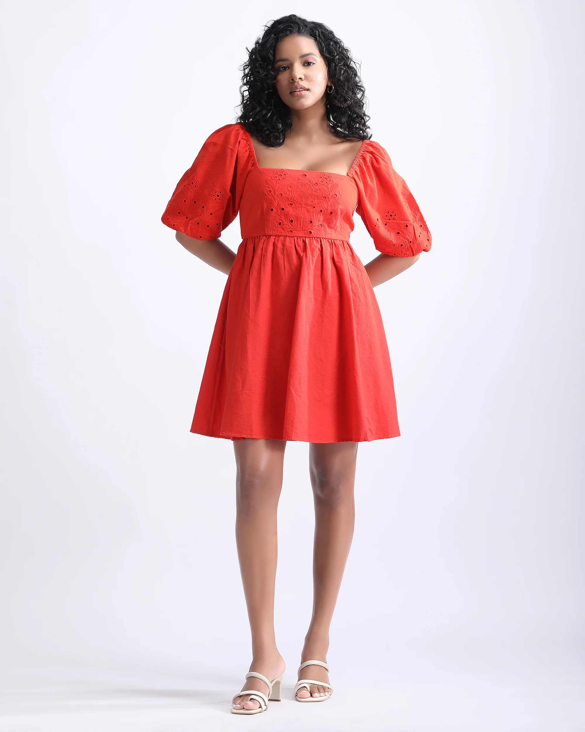 Schiffli Puff Sleeves Mini Dress - Image 4