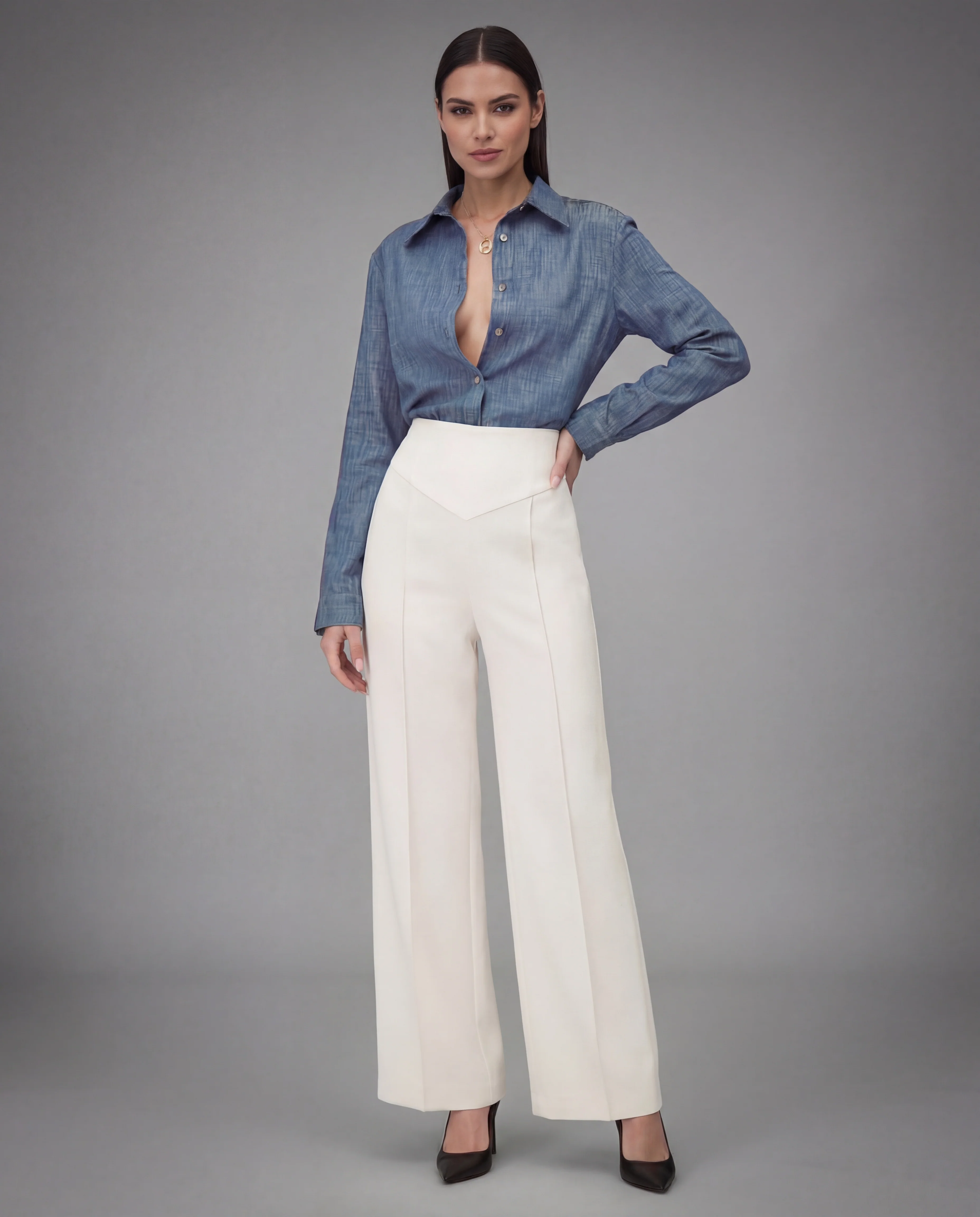 Sculpted Waist Pleated White Trousers - Image 5