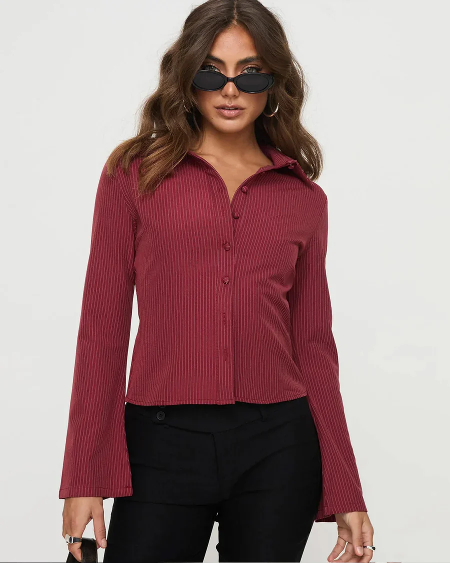 Set Of Two Pinstripes Flared Sleeves Shirt - Image 4