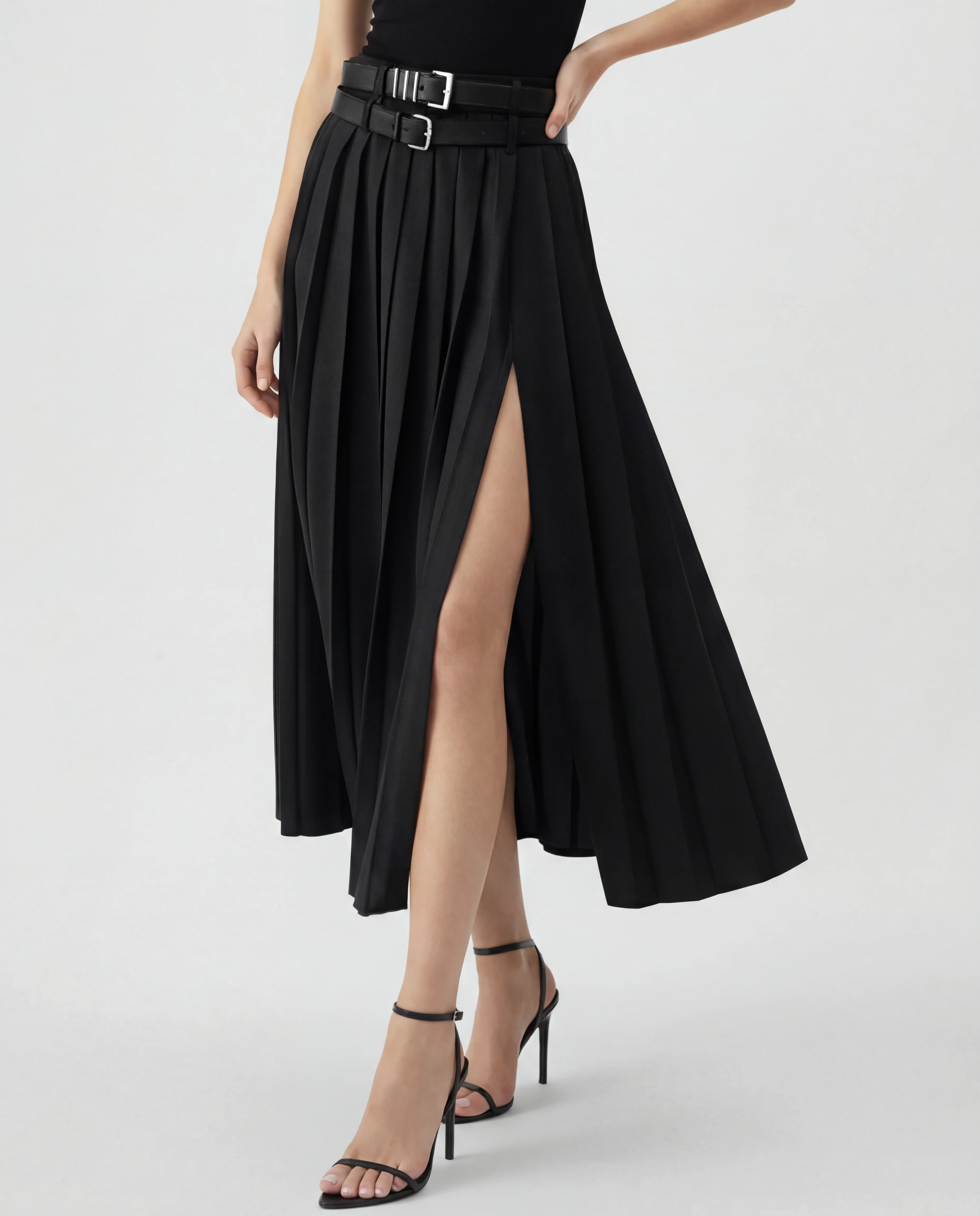 Set Of Two Pleated Split Skirts With Detachable Belts - Image 3