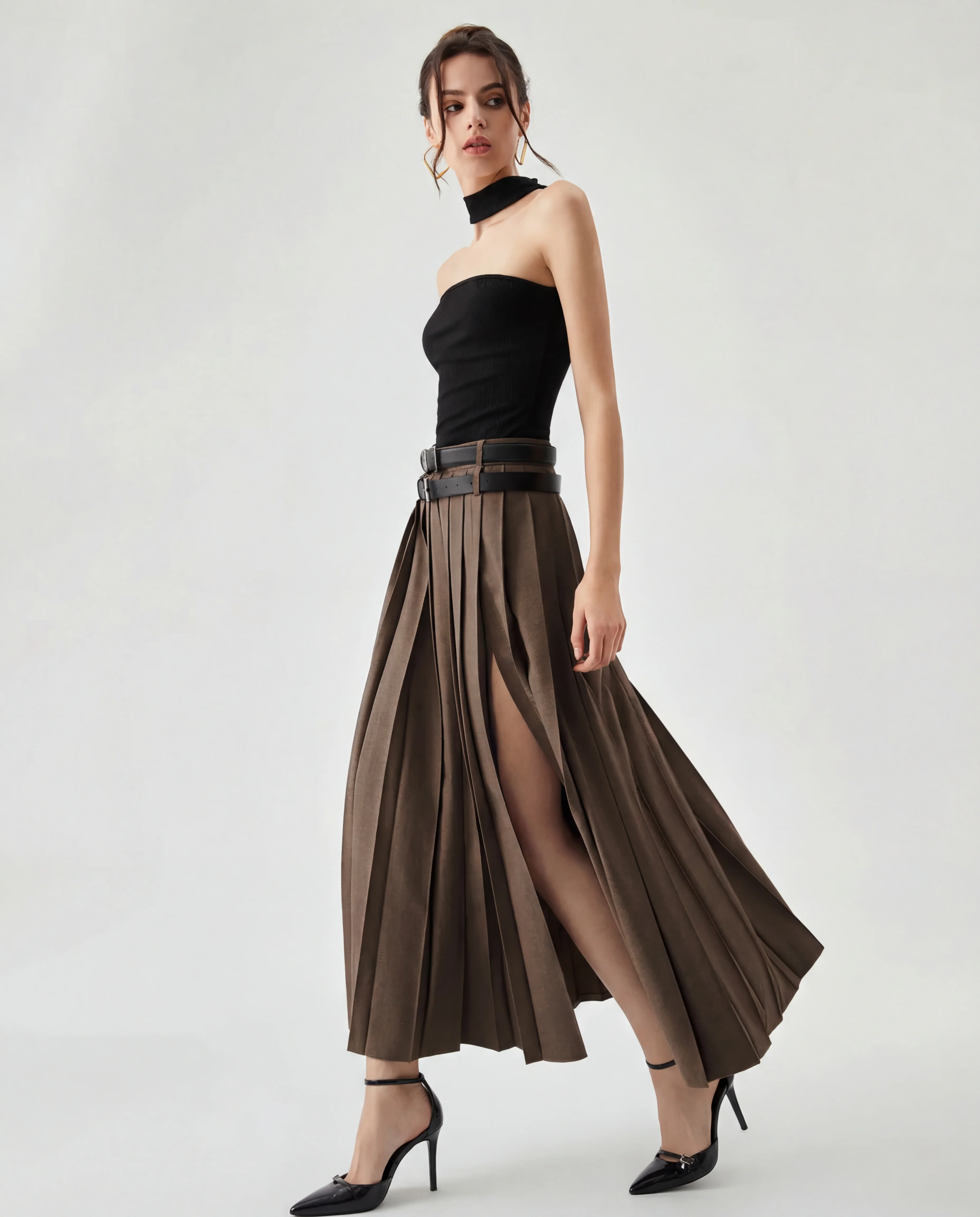 Set Of Two Pleated Split Skirts With Detachable Belts - Image 5