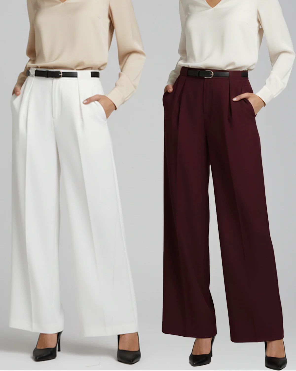 Set Of Two Wide Leg Trousers With Belt - Image 2