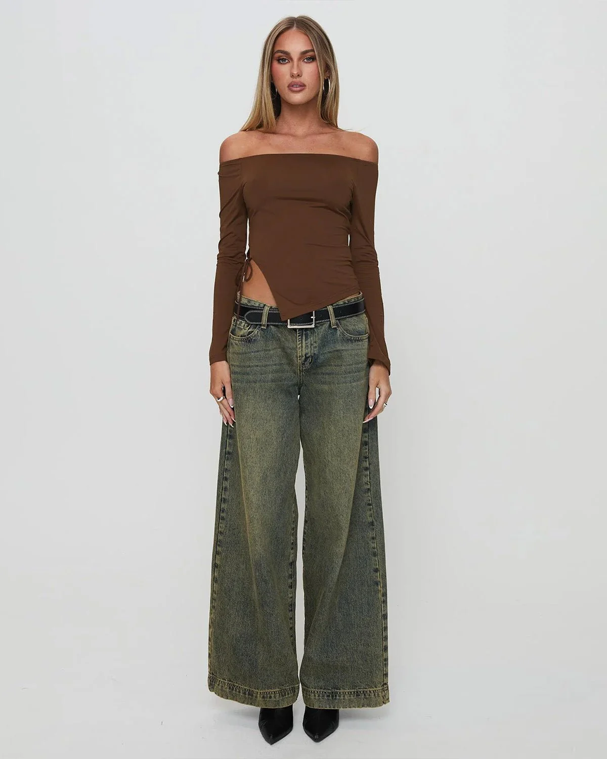 Side Slit Off Shoulder Brown Top - Image 4