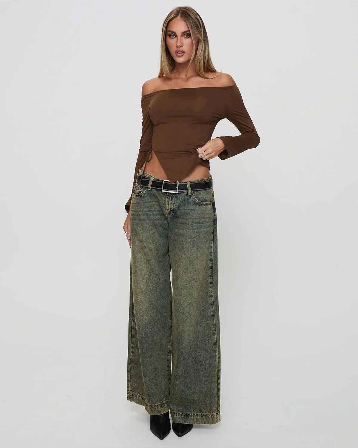Side Slit Off Shoulder Brown Top - Image 5