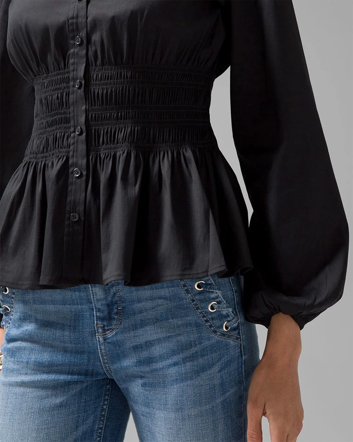 Black Smocked Waist Peplum Button Down Top - Image 4