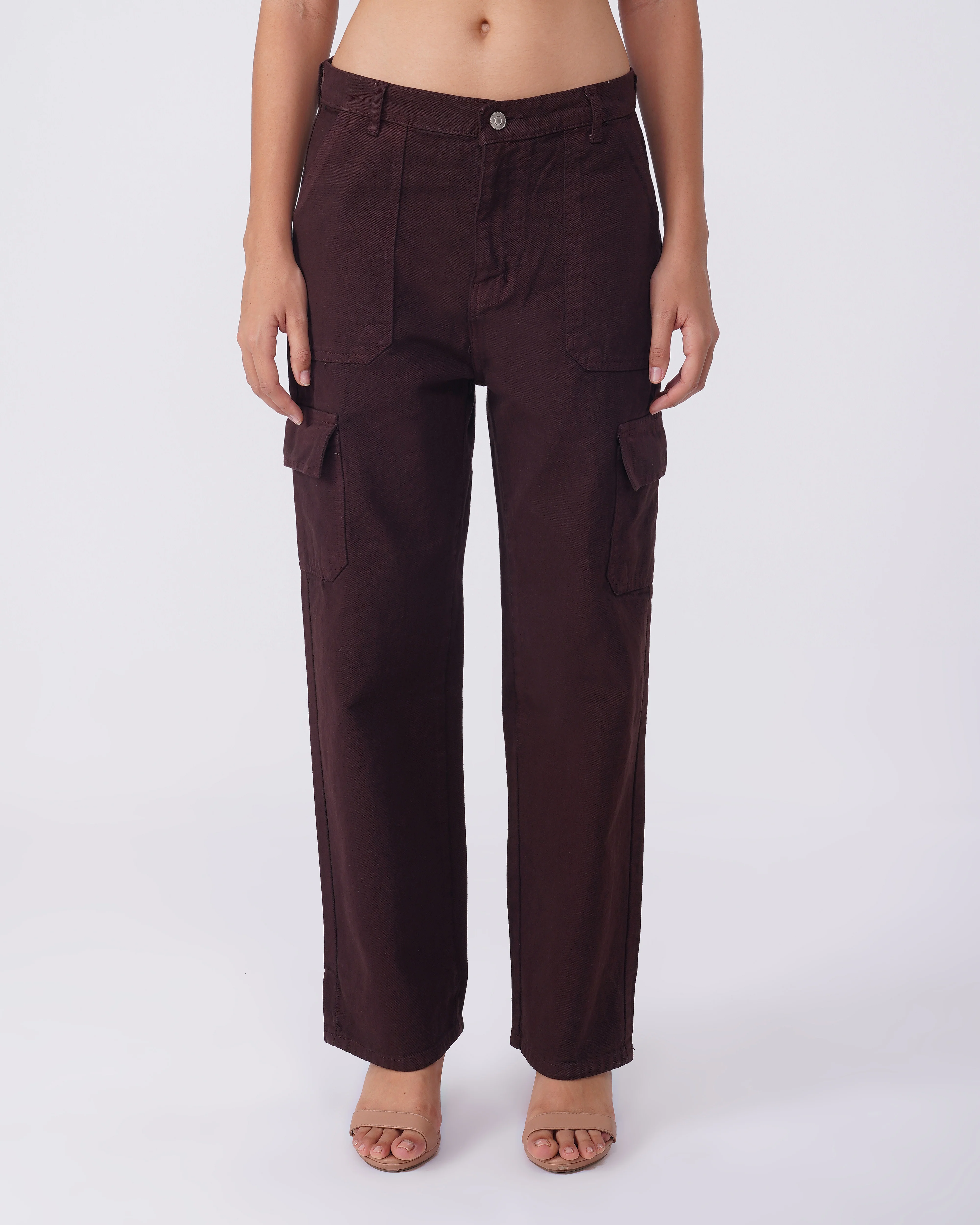 Brown Solid Cargo Jeans - Image 3