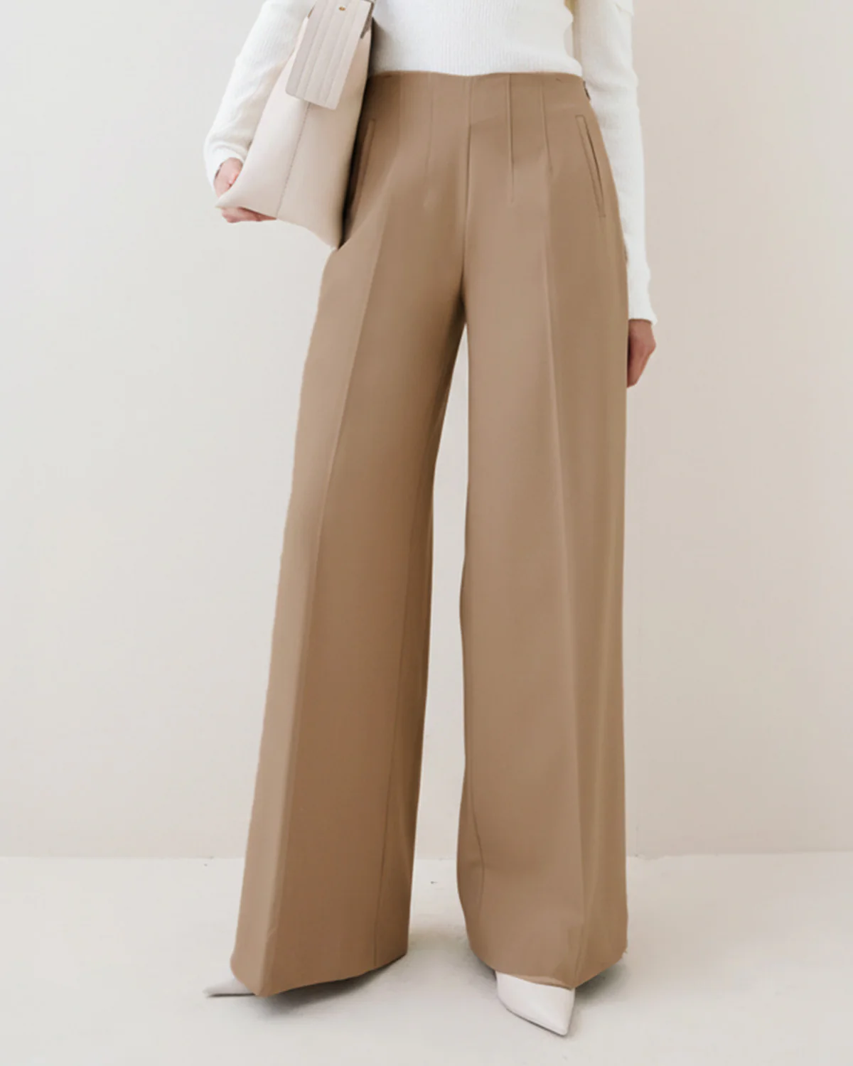 Tan Mid Rise Wide Leg Darted Trouser