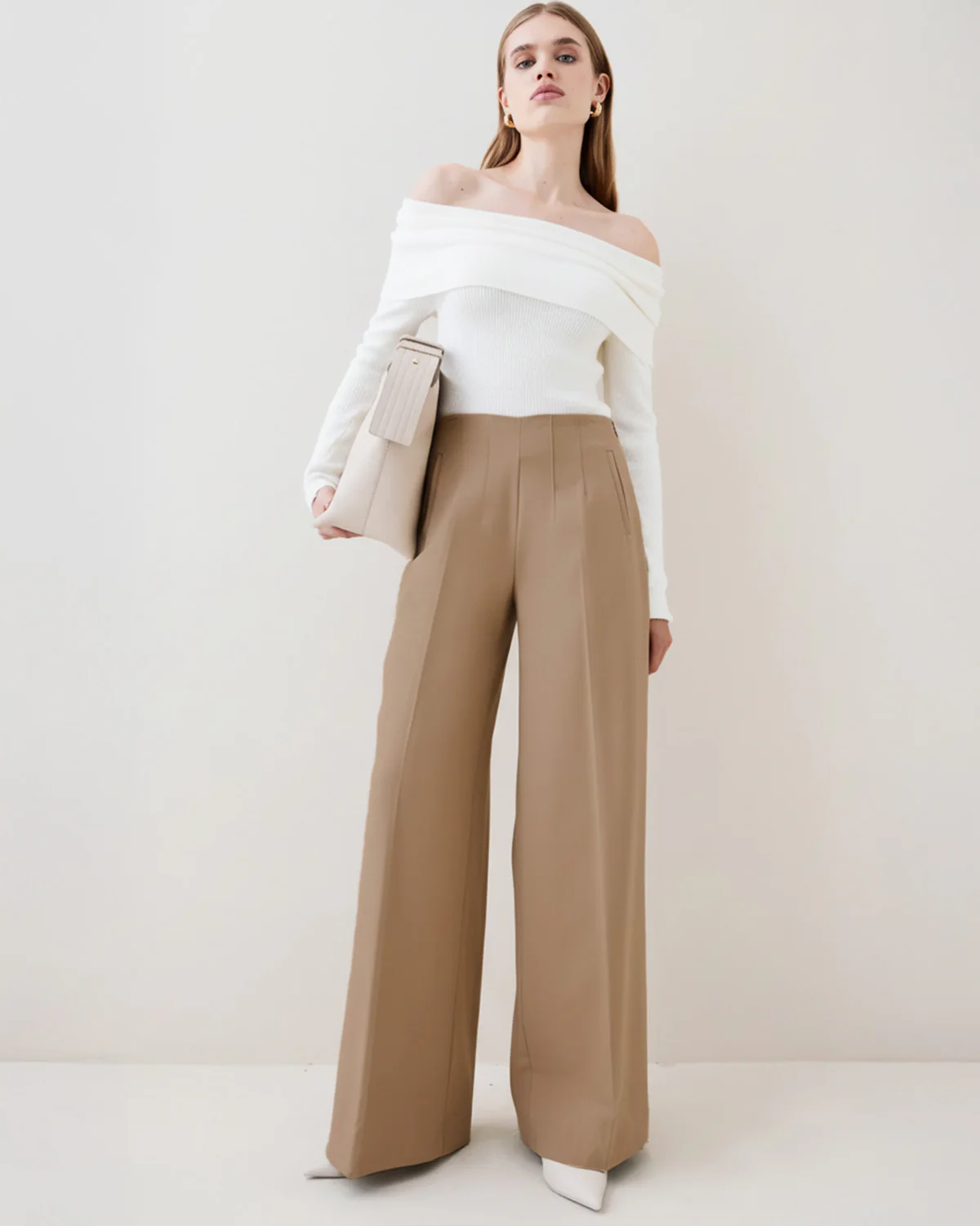 Tan Mid Rise Wide Leg Darted Trouser - Image 3