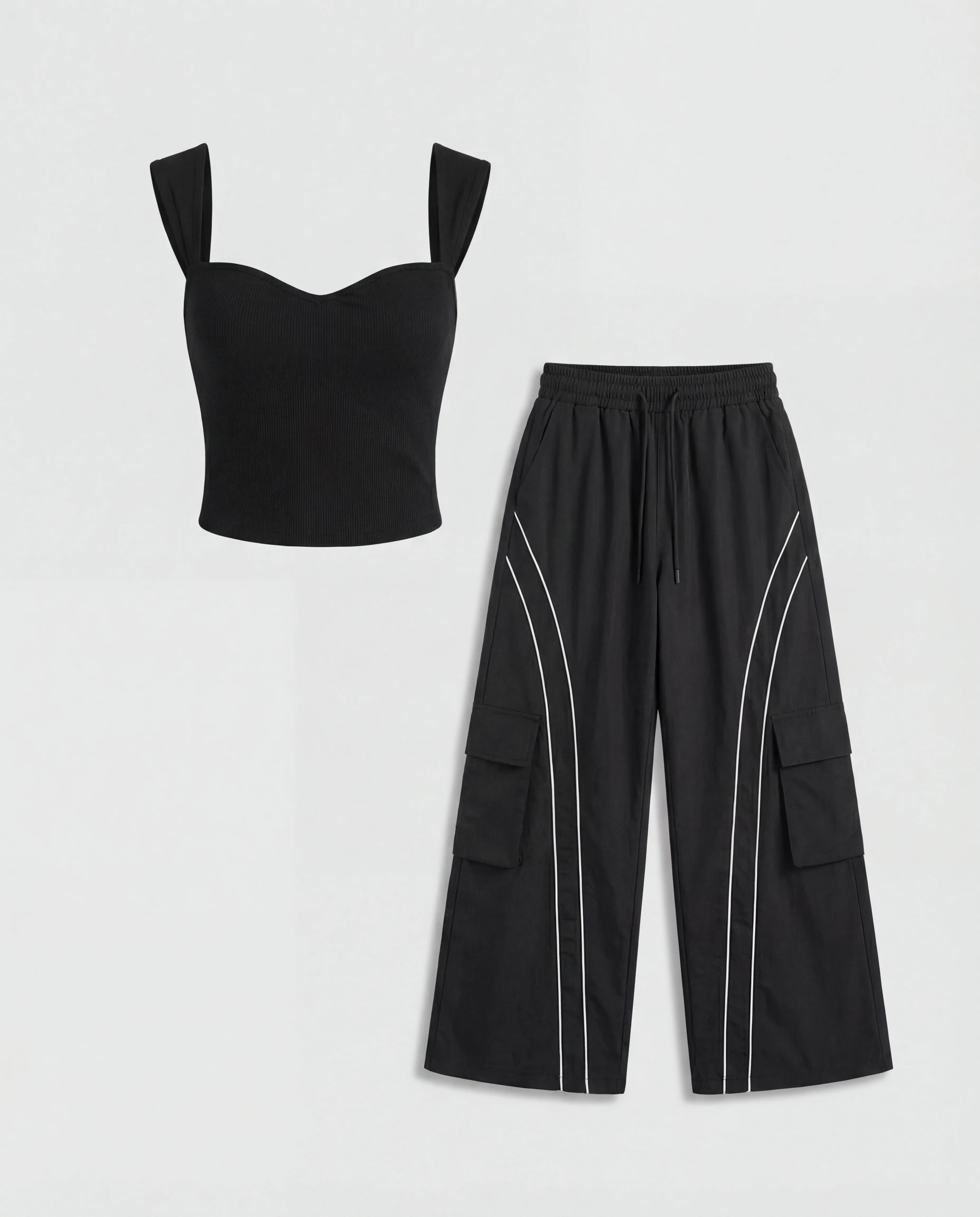 Sweet Heart Neckline Ribbed Top With Stripped Baggy Korean Pants - Image 4