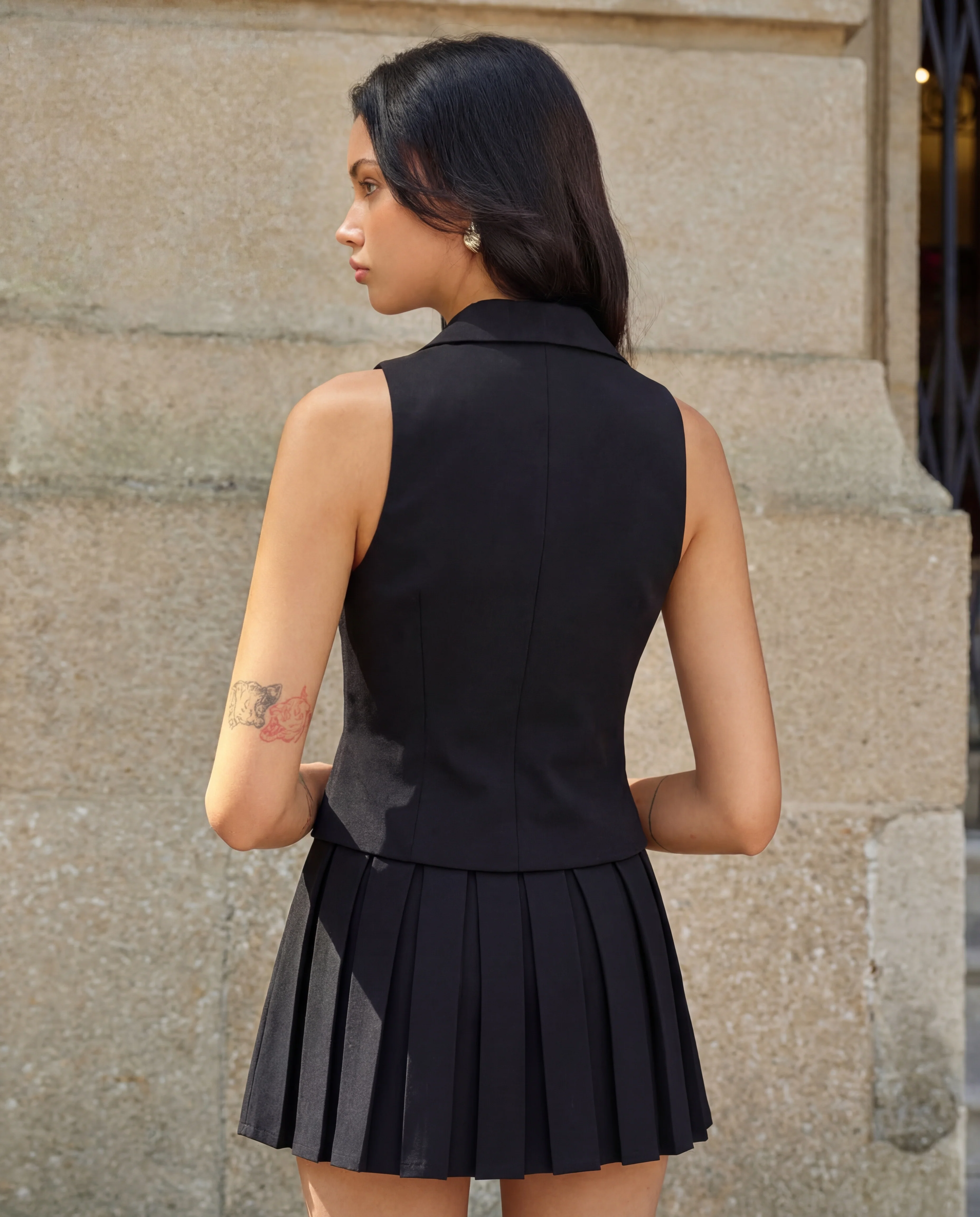 Tailored Waist Coat with Pleated Black Mini Skirt - Image 2