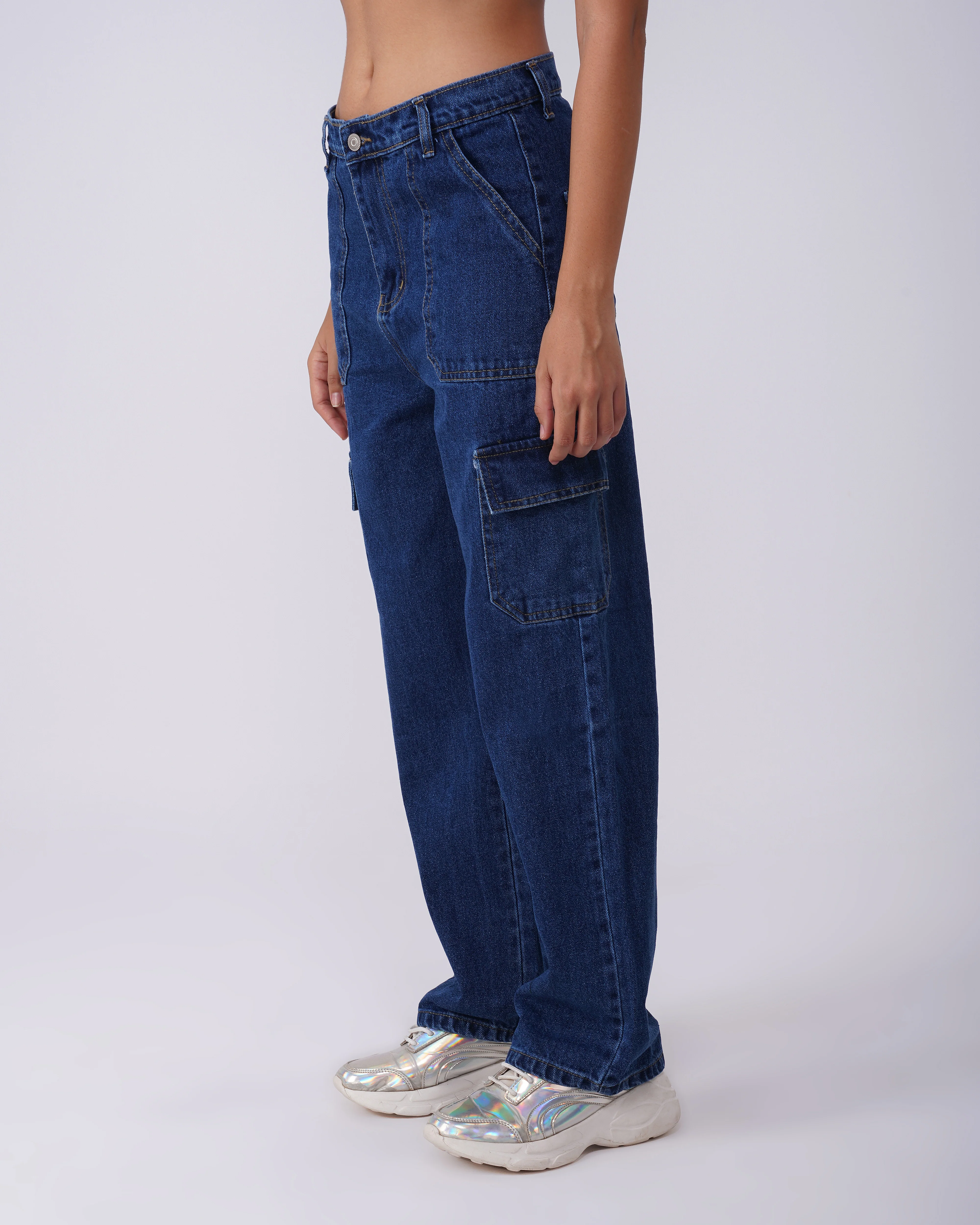 Dark Blue Washed Cargo Jeans - Image 3