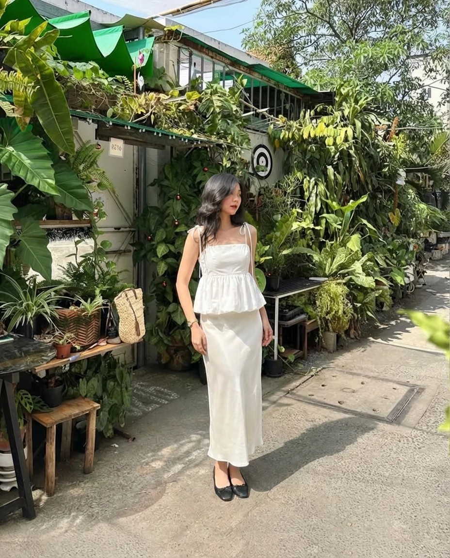 White Bubble Hem Camisole Top With Ivory Satin Skirt - Image 6