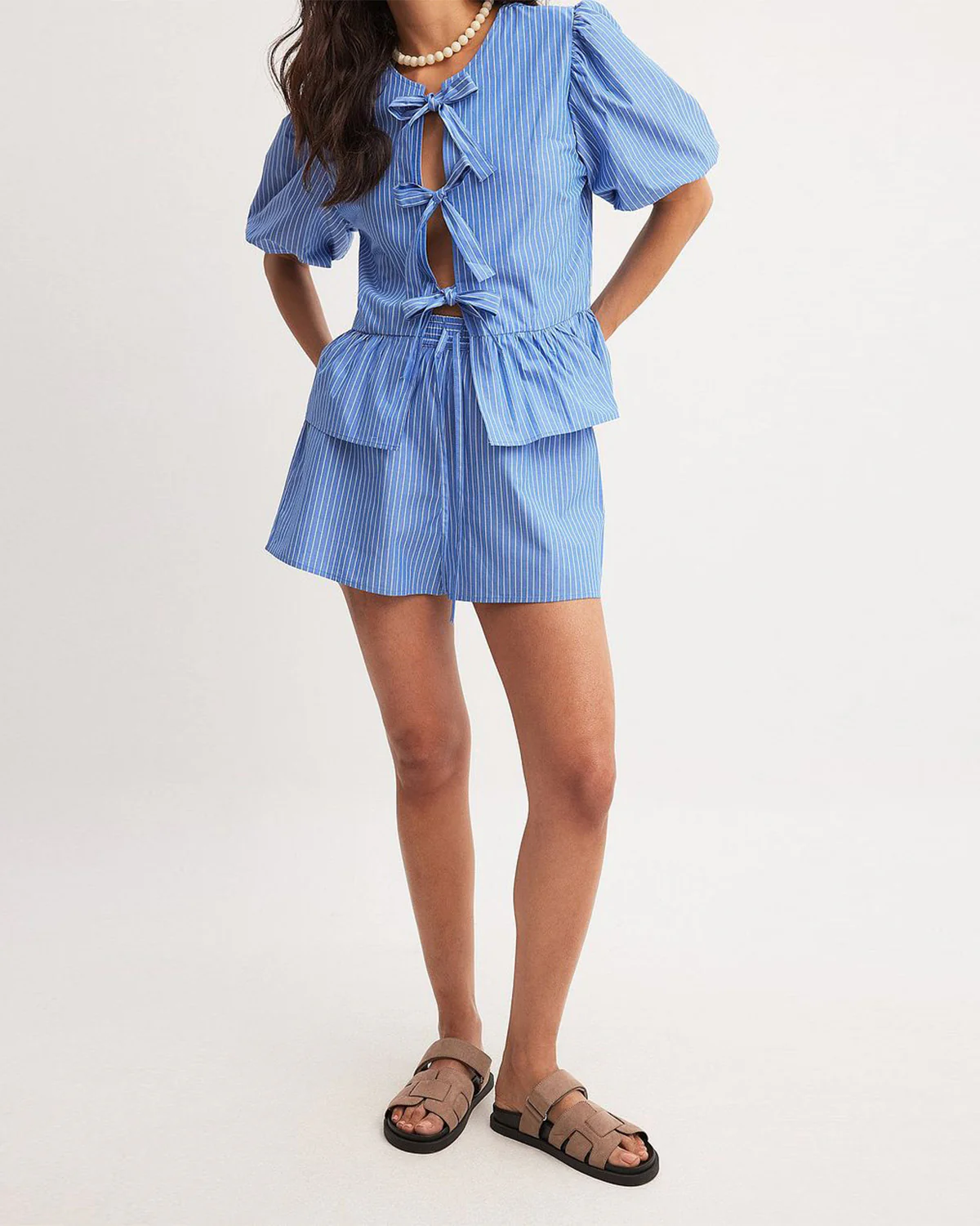 Women's Blue Striped Bowknot Top And Shorts Set - Image 4